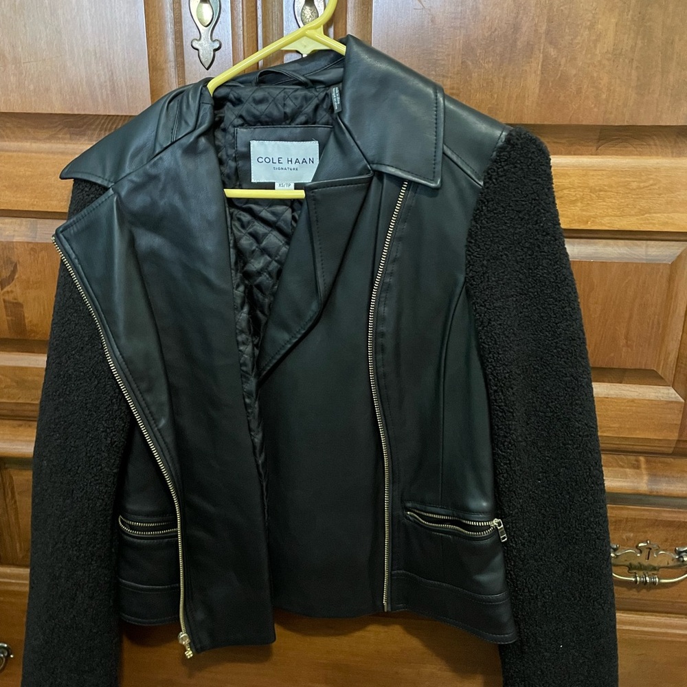 Cole Haan Women's Black Leather Jacket with Textured Faux Fur Sleeves